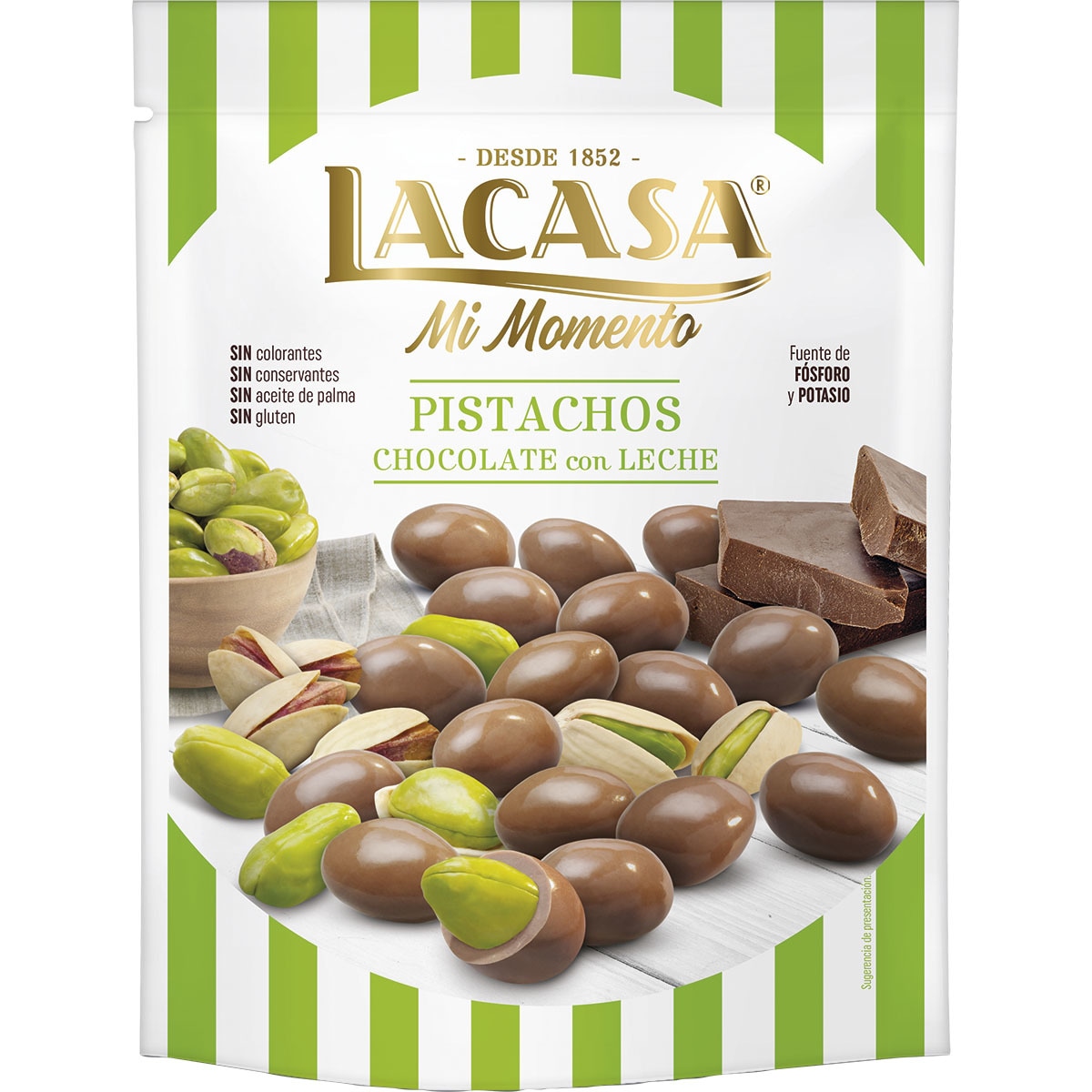 Mi Momento pistachos cubiertos de chocolate con leche sin gluten y sin aceite de palma bolsa 125 g