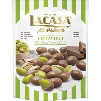 Mi Momento pistachos cubiertos de chocolate con leche sin gluten y sin aceite de palma bolsa 125 g - Lacasa
