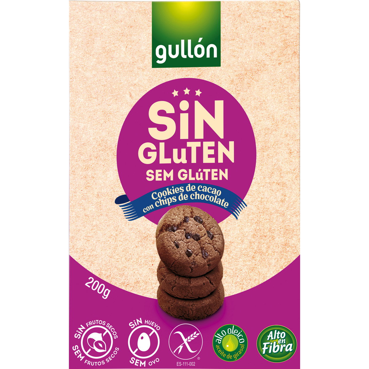 Bolachas Cookies de Cacau com Pepitas de Chocolate sem Glúten embalagem 200 g