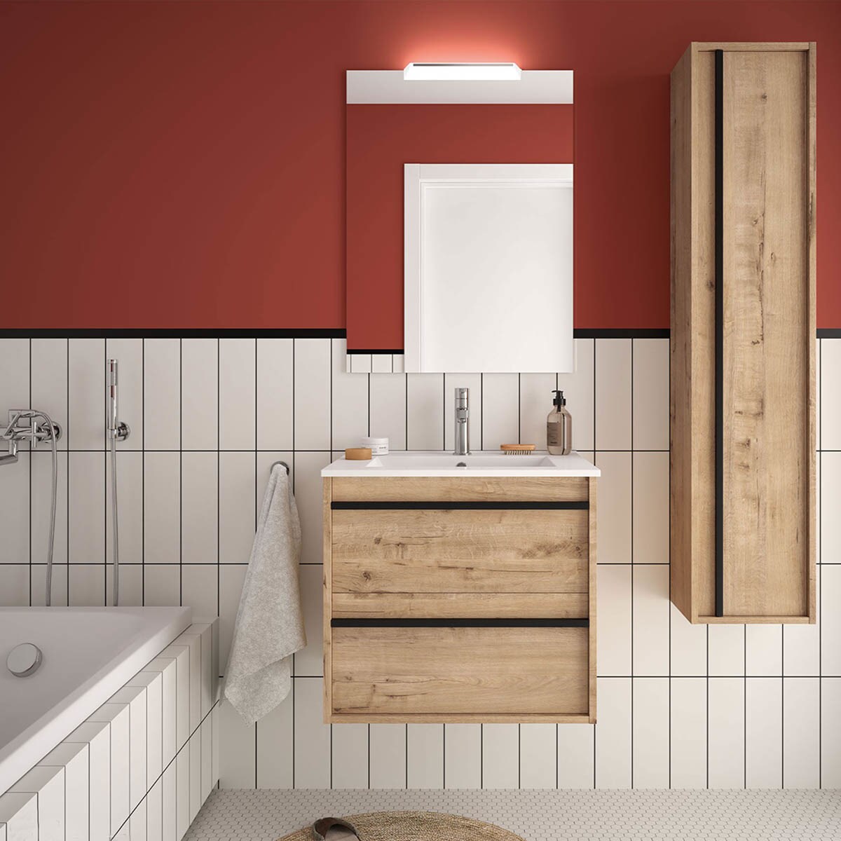 Conjunto de baño con mueble con 2 cajones, lavabo y espejo con aplique