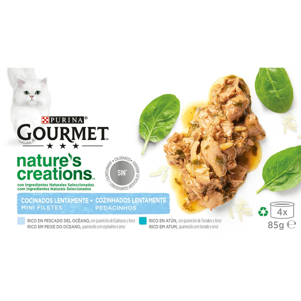 Comida Húmida para Gato Mini Filetes de Peixe e Atum Pack 4unidades 4x85g embalagem 85 g