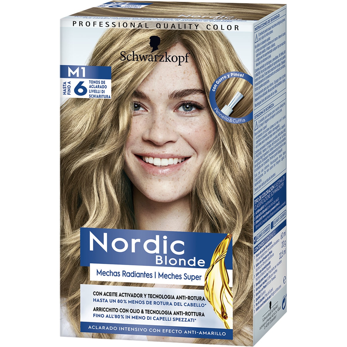 Blonde M1 mechas radiantes aclarante con aceite activador y tegnologia anti-rotura caja 1 unidad aclara hasta 6 tonos para cabellos de rubio medio a castaño oscuro