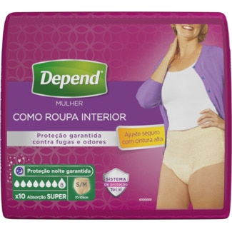 Cuecas Para Adultos Mulher com Incontinência Absorção Super Tamanho S/M embalagem 10 unidades - Depend