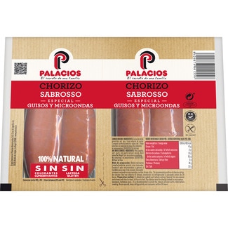 chorizo sabroso 100 % natural especial guisos y microondas pack 2 x 100 g envase 200 g sin gluten sin lactosa - Palacios