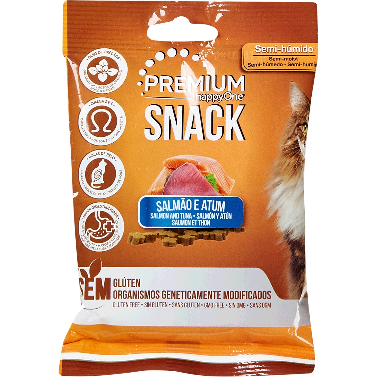 Snack para Gato Semi-Húmido de Salmão e Atum sem Glúten embalagem 50 g