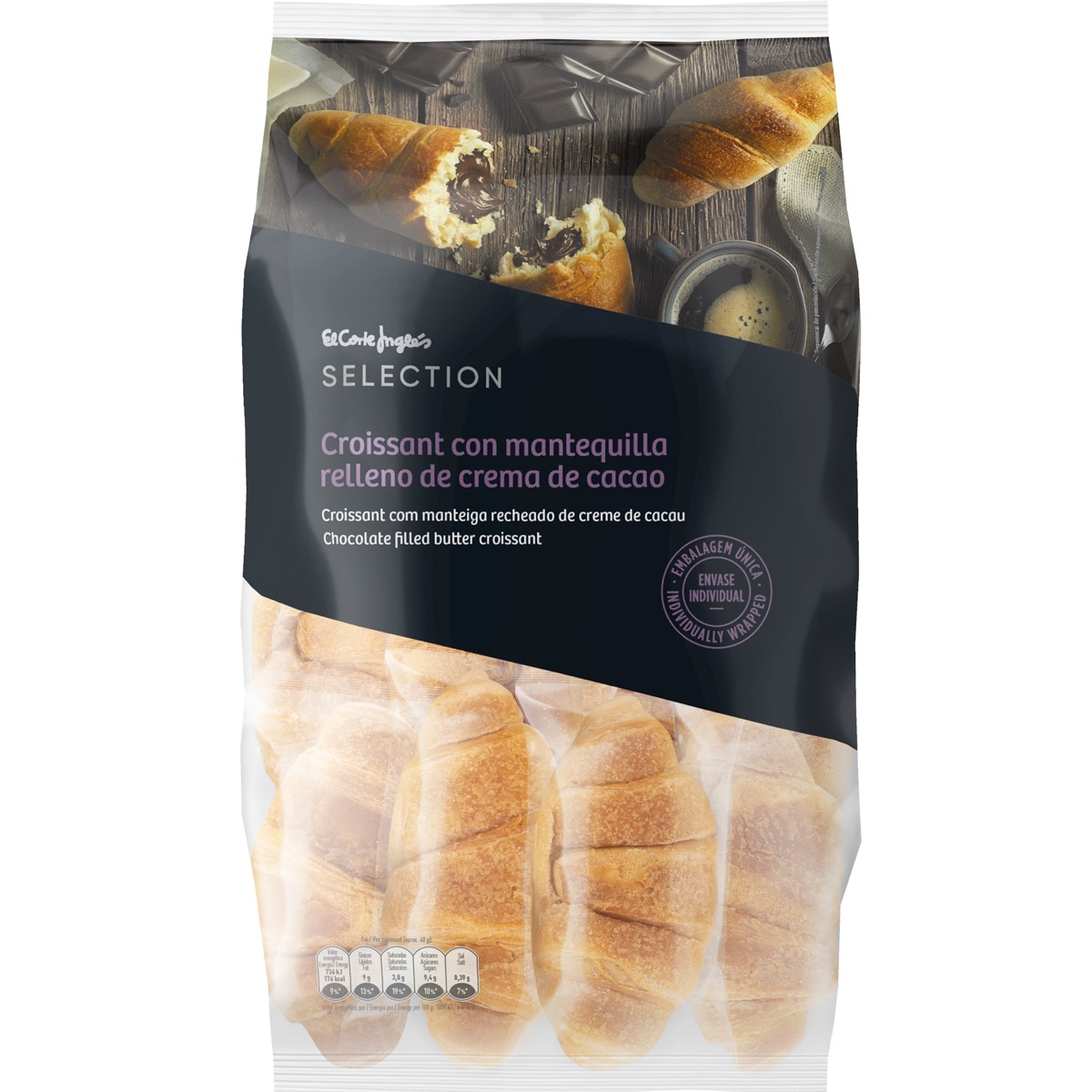 croissants con mantequilla relleno de cacao envasados individualmente 8 unidades bolsa 320 g