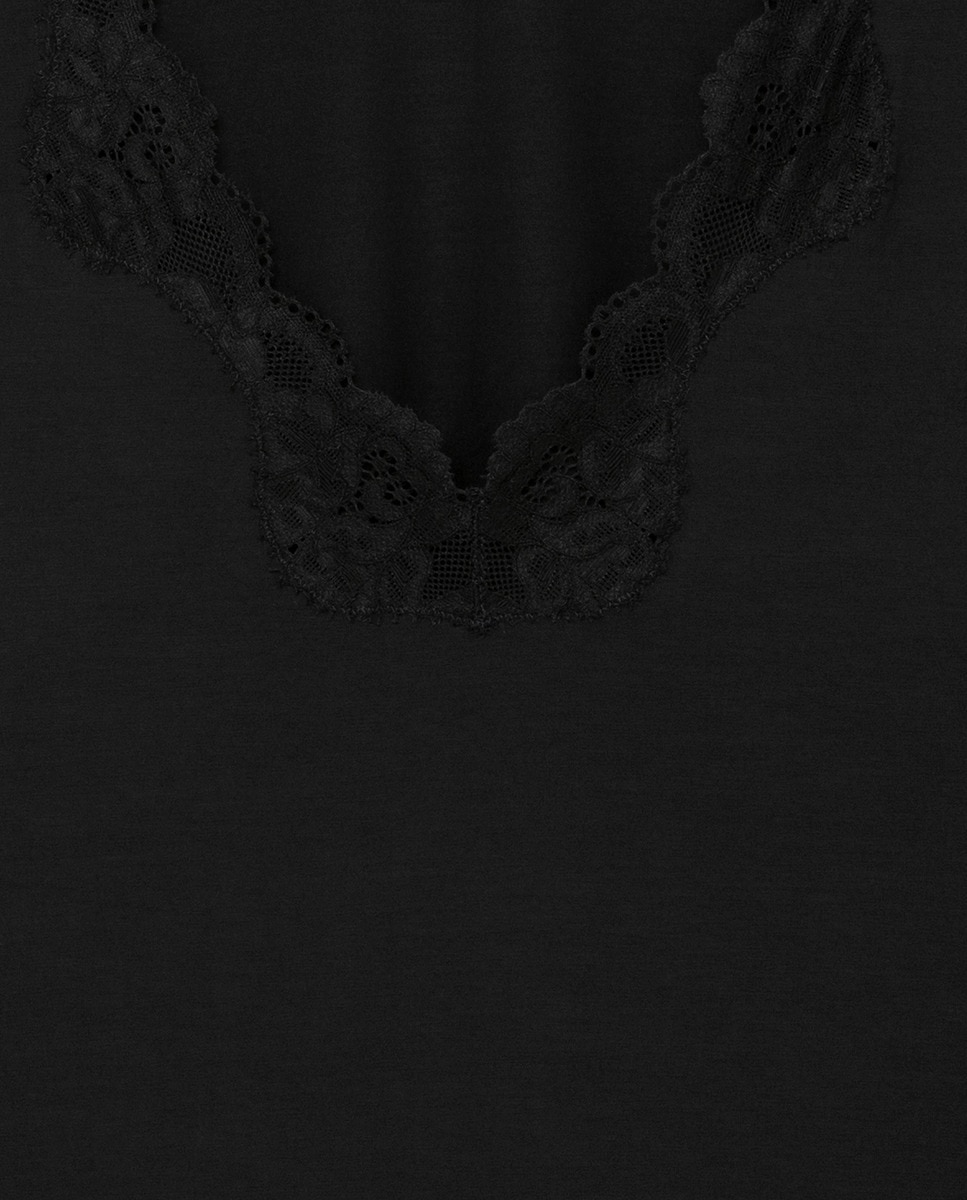 Camisola de manga comprida com pormenor de renda Preto-2
