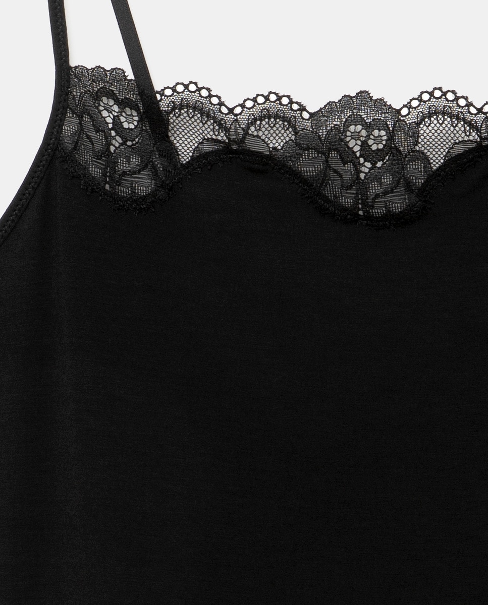Camisa de dormir de alças com renda Preto-2