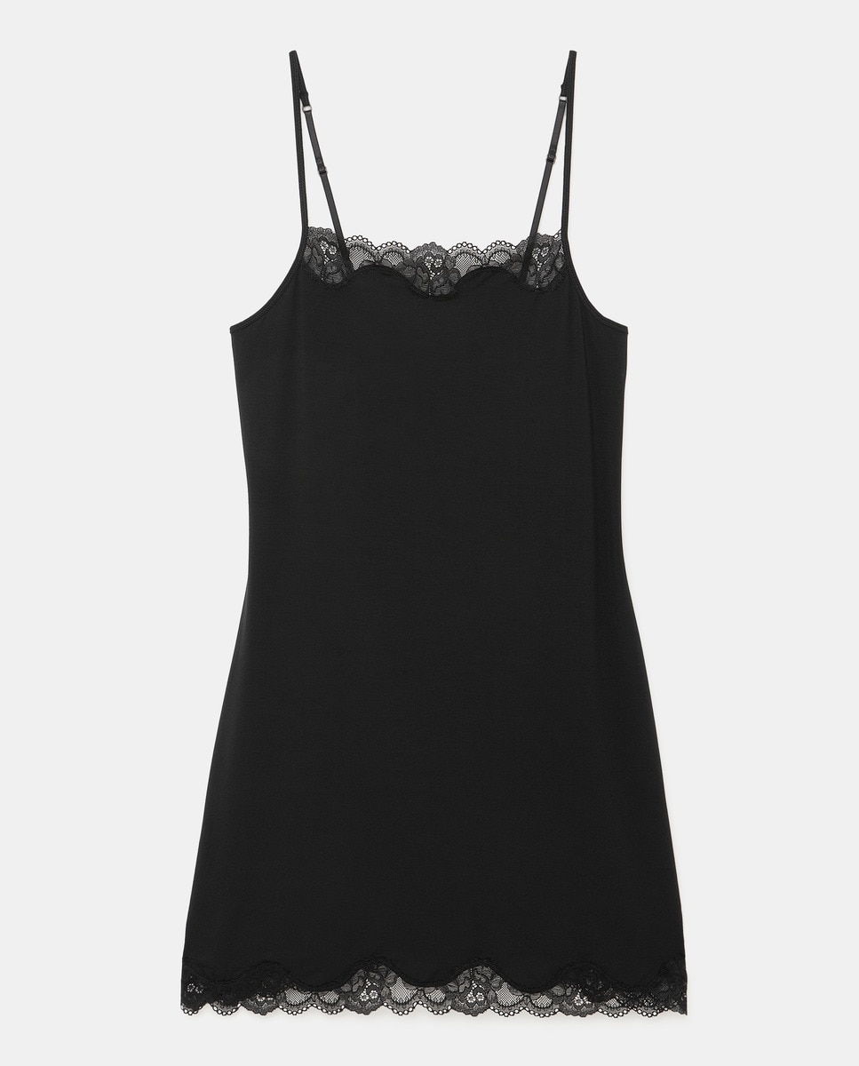 Camisa de dormir de alças com renda Preto-1