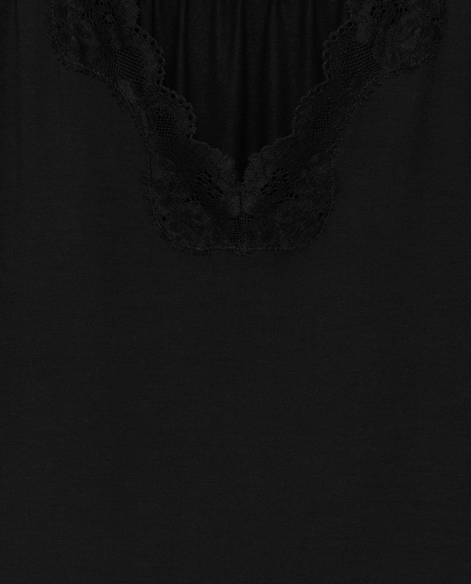Camisa de dormir larga com manga curta Preto-4