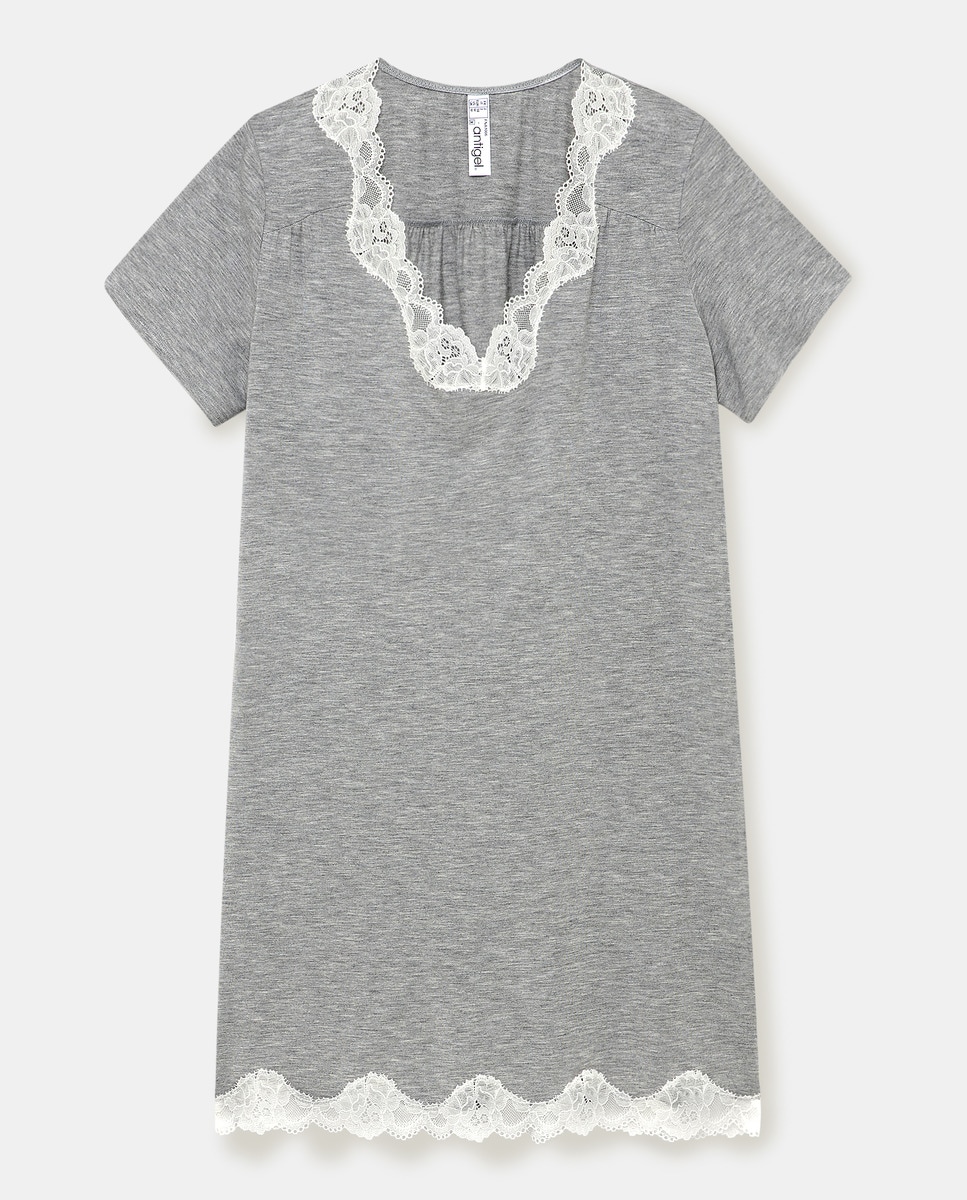 Camisa de dormir larga com manga curta Cinzento-3