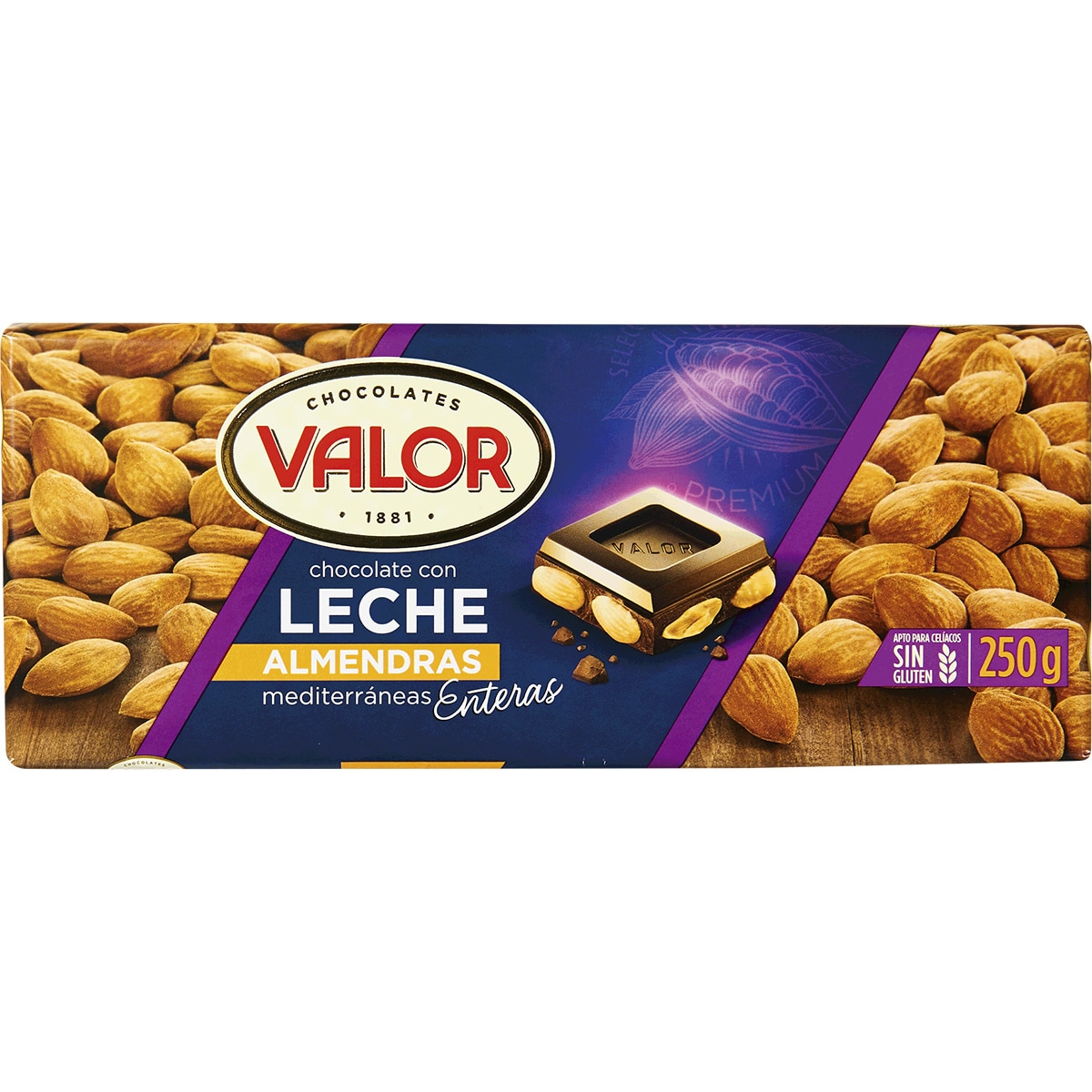 Chocolate de Leite com Amêndoas Mediterrâneas Inteiras sem Glúten embalagem 250 g