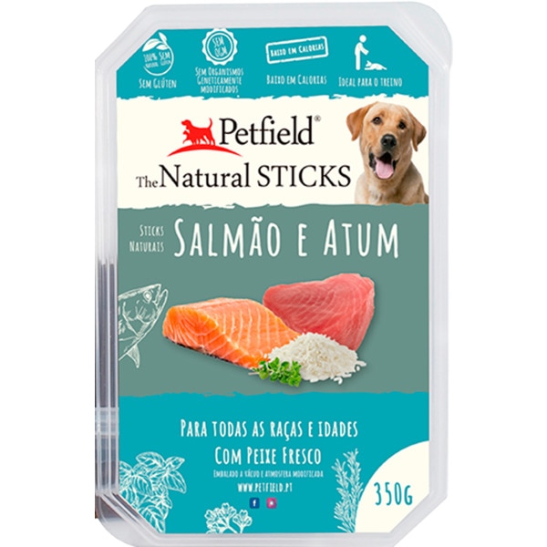 Snack para Cão Sticks de Salmão e Atum sem Glúten embalagem 350 g