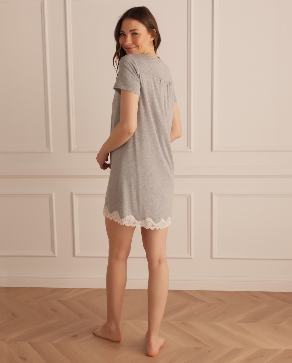 Camisa de dormir larga com manga curta Cinzento-2