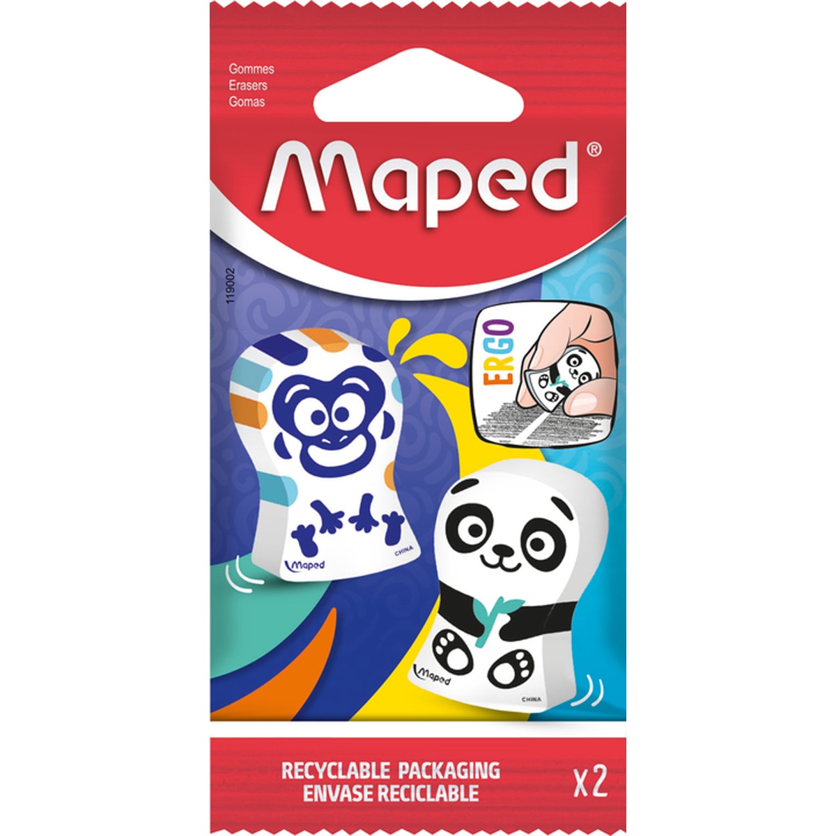 2 Gomas De Borrar Ergo Fun Con 4 Divertidos Diseños De Animales En Bolsa De Papel Maped Multicolor-1
