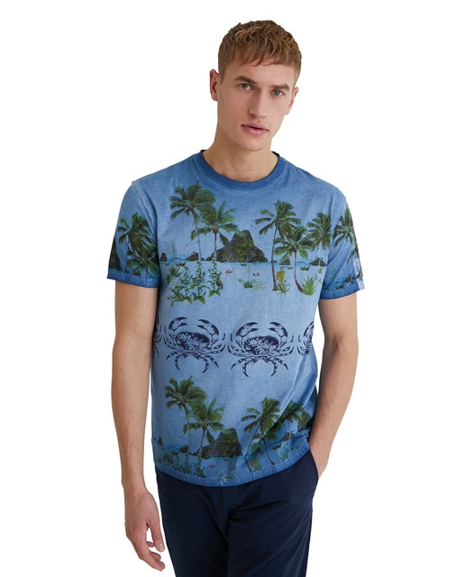 Camiseta de hombre azul marino en tejido 100% algodón con estampado  tropical · Desigual · El Corte Inglés