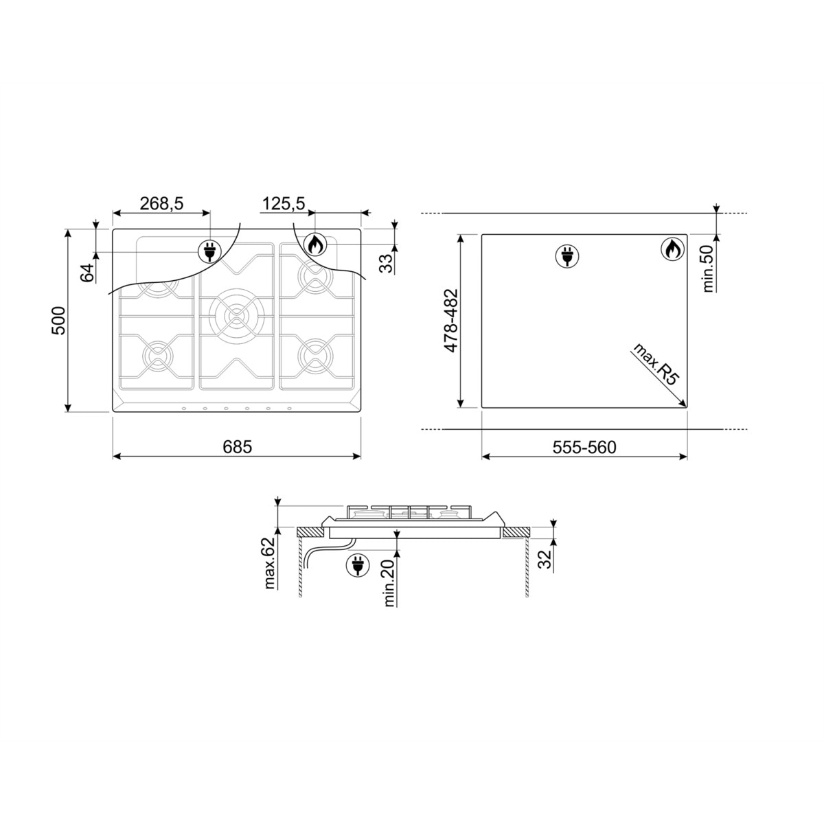Placa gas Smeg 5 quemadores - SRV576GH5 Inox-4