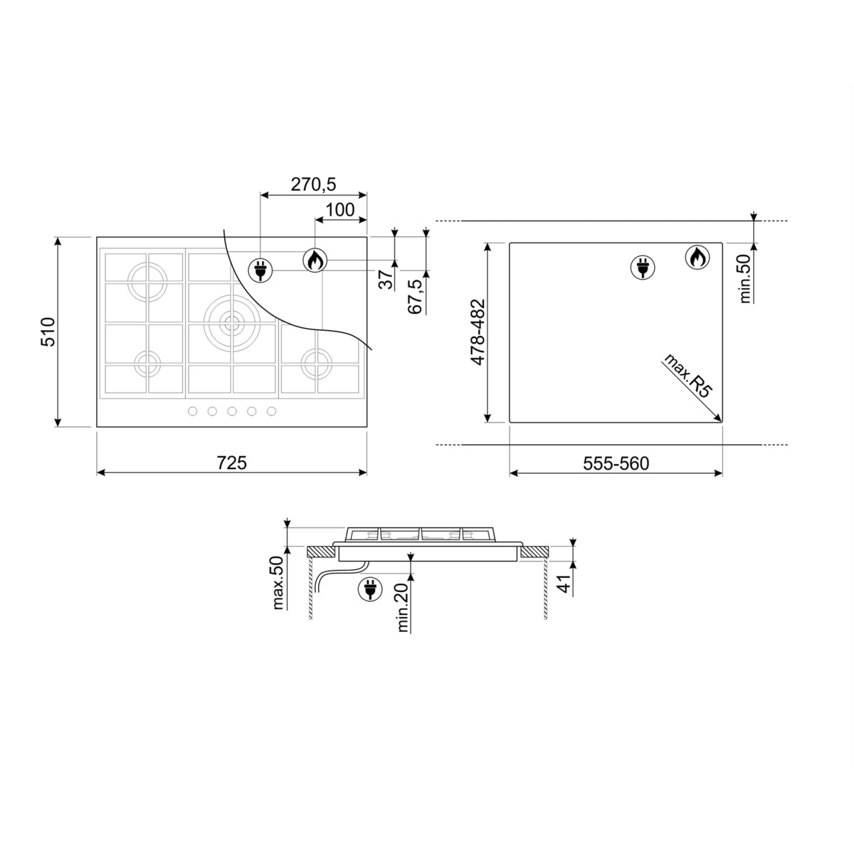 Placa gas Smeg 5 quemadores - PX175 Inox-5