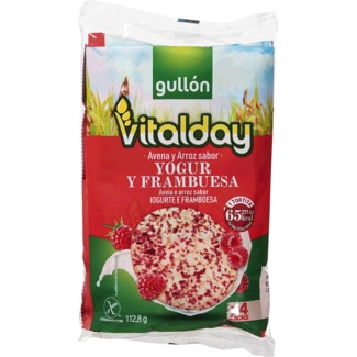 Tortitas Aveia e Arroz Vitalday Cobertas de Iogurte e Framboesa sem Glúten Pack 4 embalagem 112,8 g - Gullón