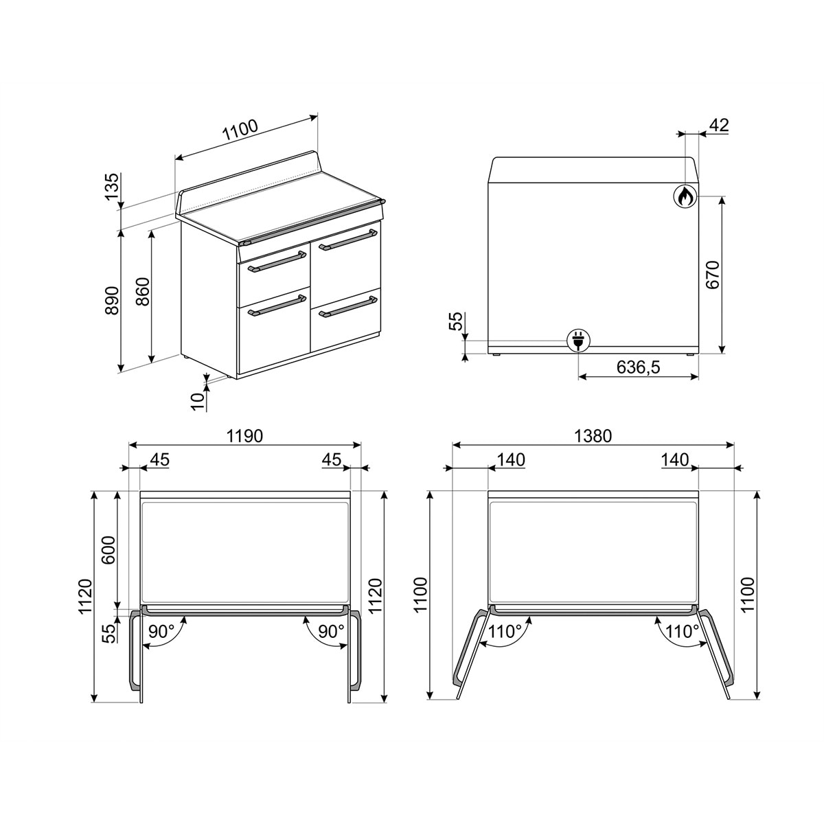 Cocina compacta  Smeg 110 cm, placa de gas 7 quemadores, 3 cavidades de horno y 1 cajón - TR4110GR Gris-4