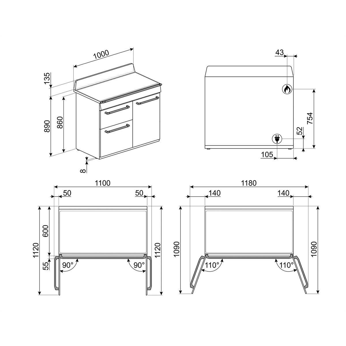 Cocina compacta  Smeg 100 cm, placa de gas 6 quemadores y 3 cavidades de horno - TR103GR Gris-3