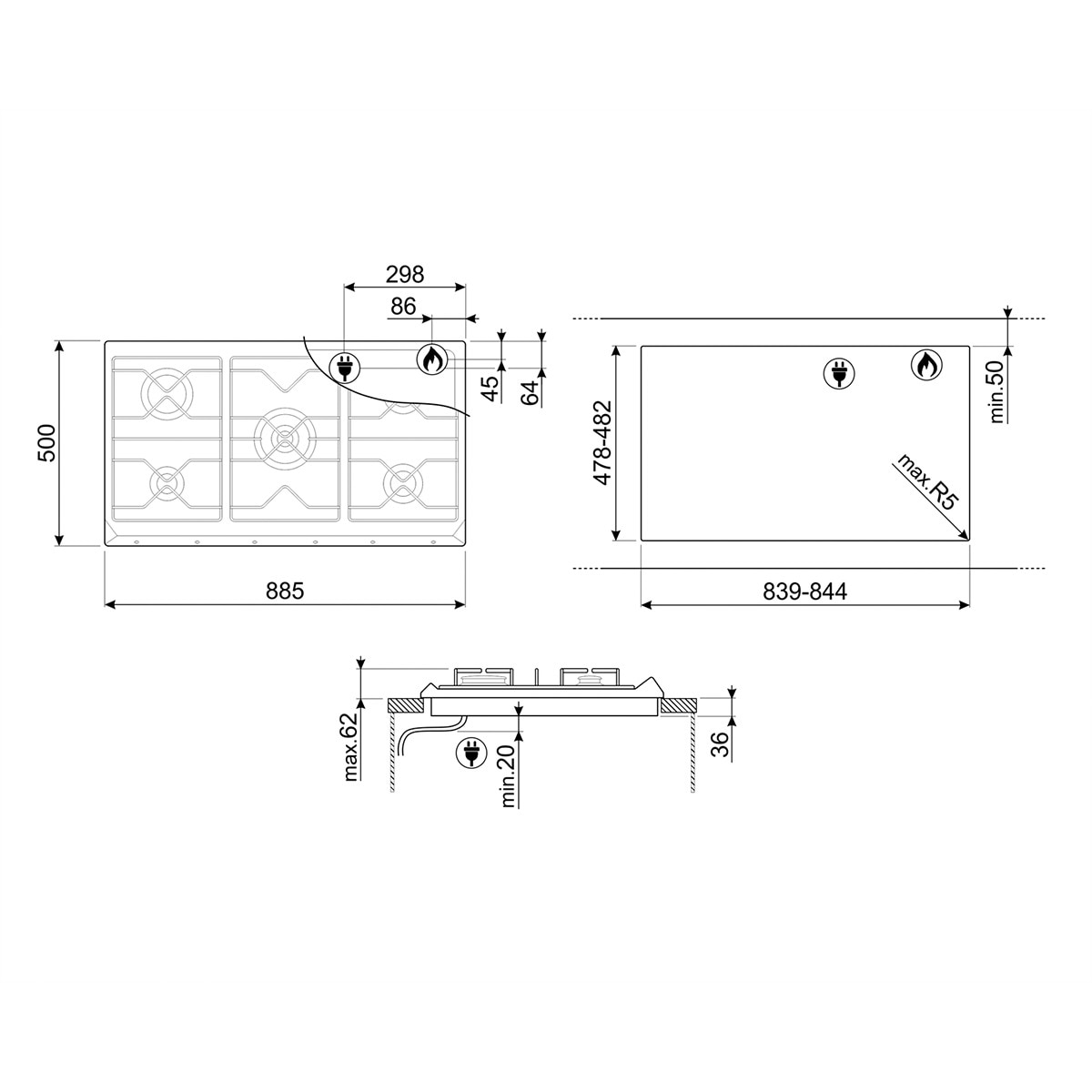 Placa gas Smeg 5 quemadores - SRV596GH5 Inox-2