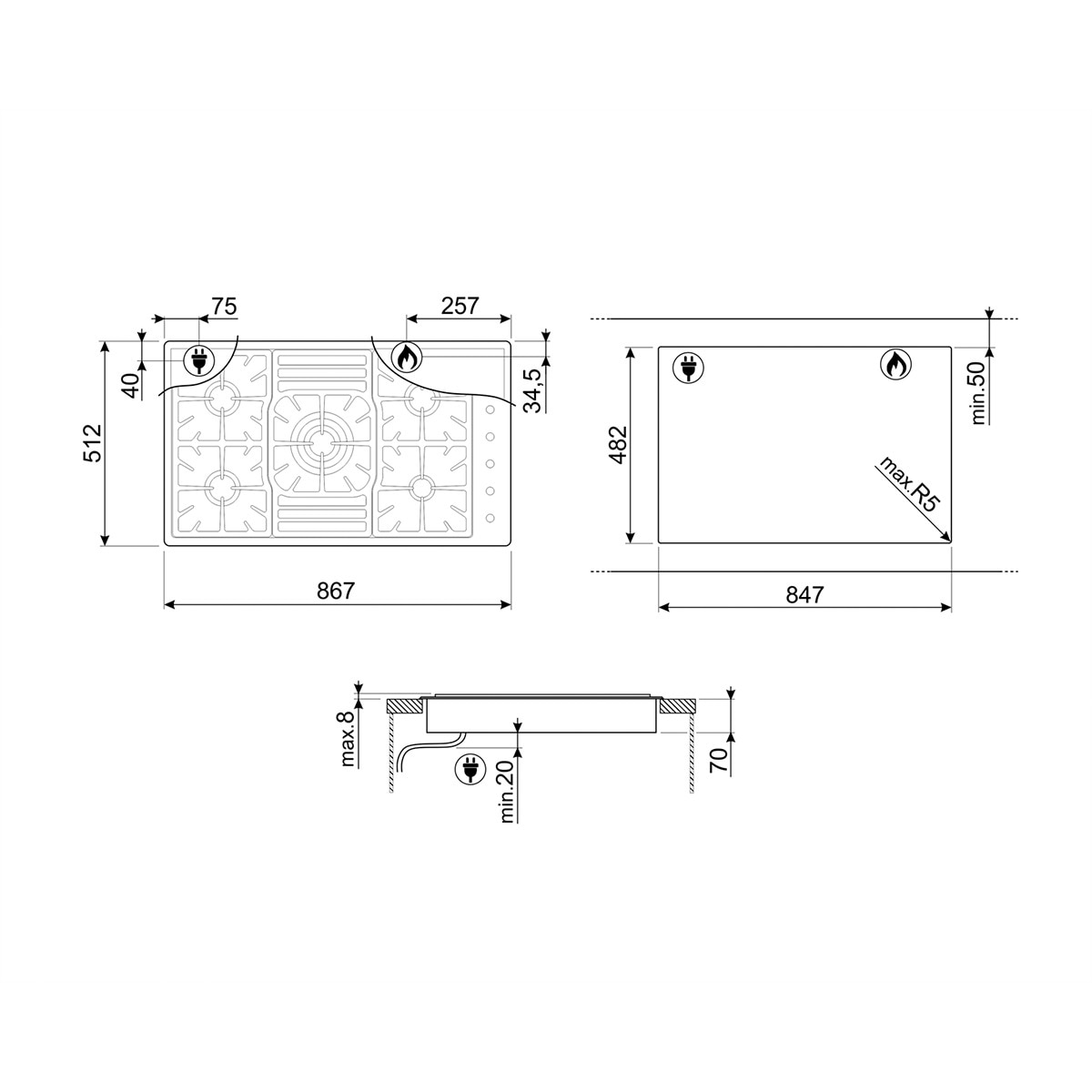 Placa gas Smeg 5 quemadores - PGF954 Inox-3