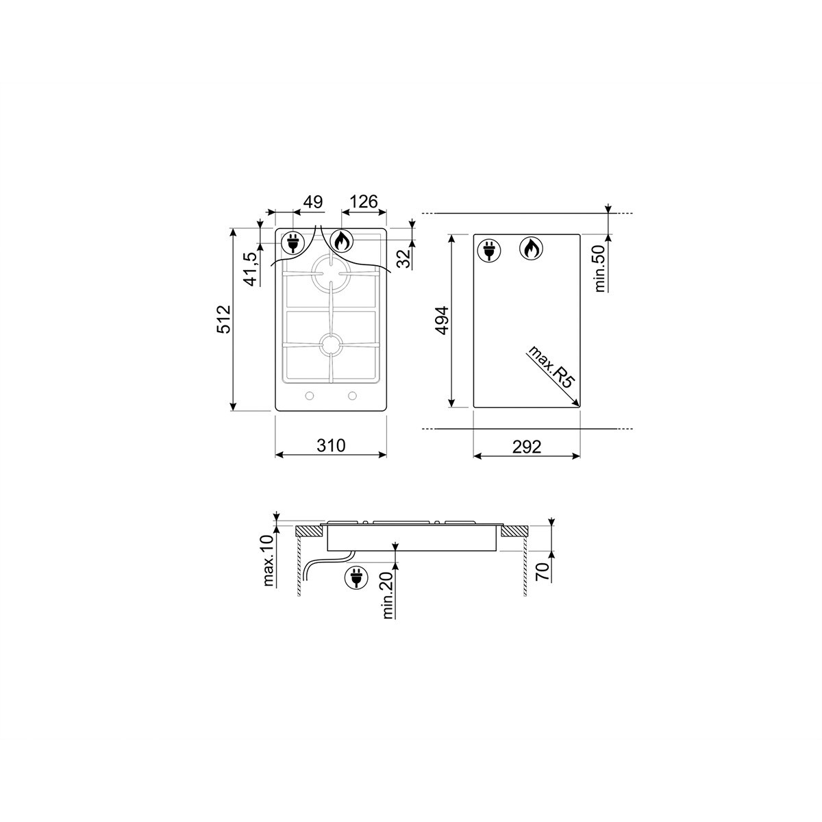 Placa gas Smeg 2 quemadores - PGF32G Inox-2