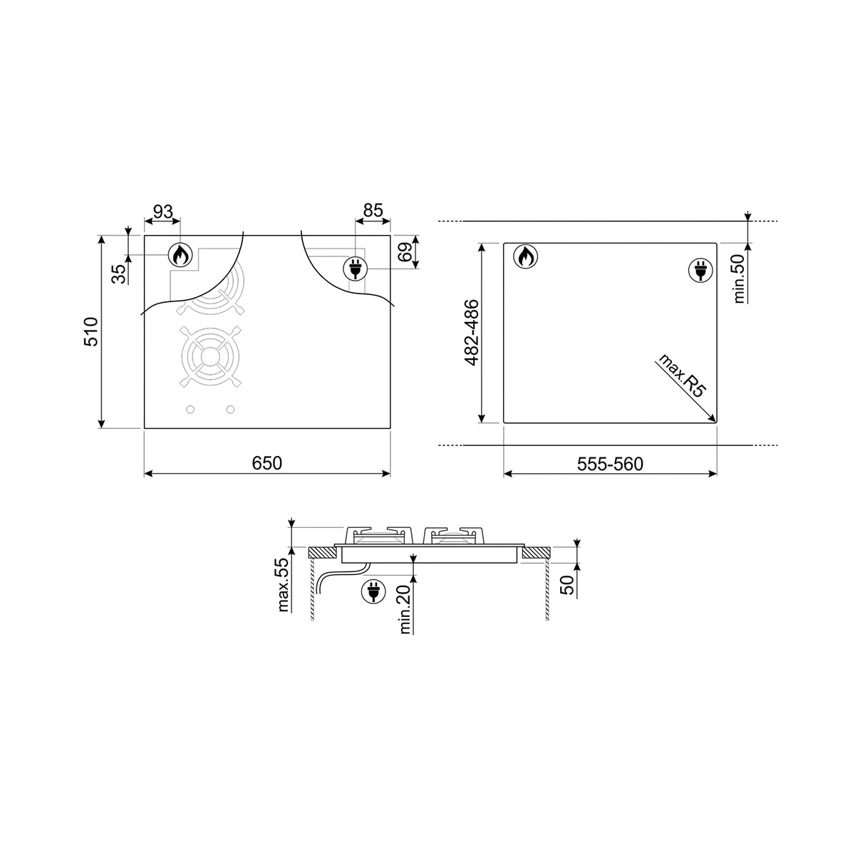 Placa gas mixta Smeg 2 quemadores y 2 zonas de vitrocerámica - PM3643D Negro-5