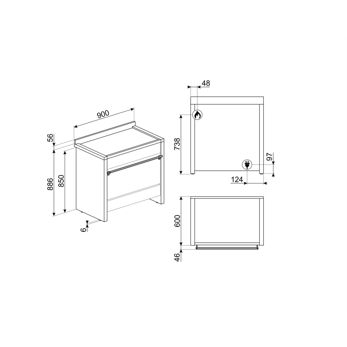 Cocina compacta Smeg 90 cm, placa de gas 6 quemadores, horno y cajón - A1-9 Acero Inox-5