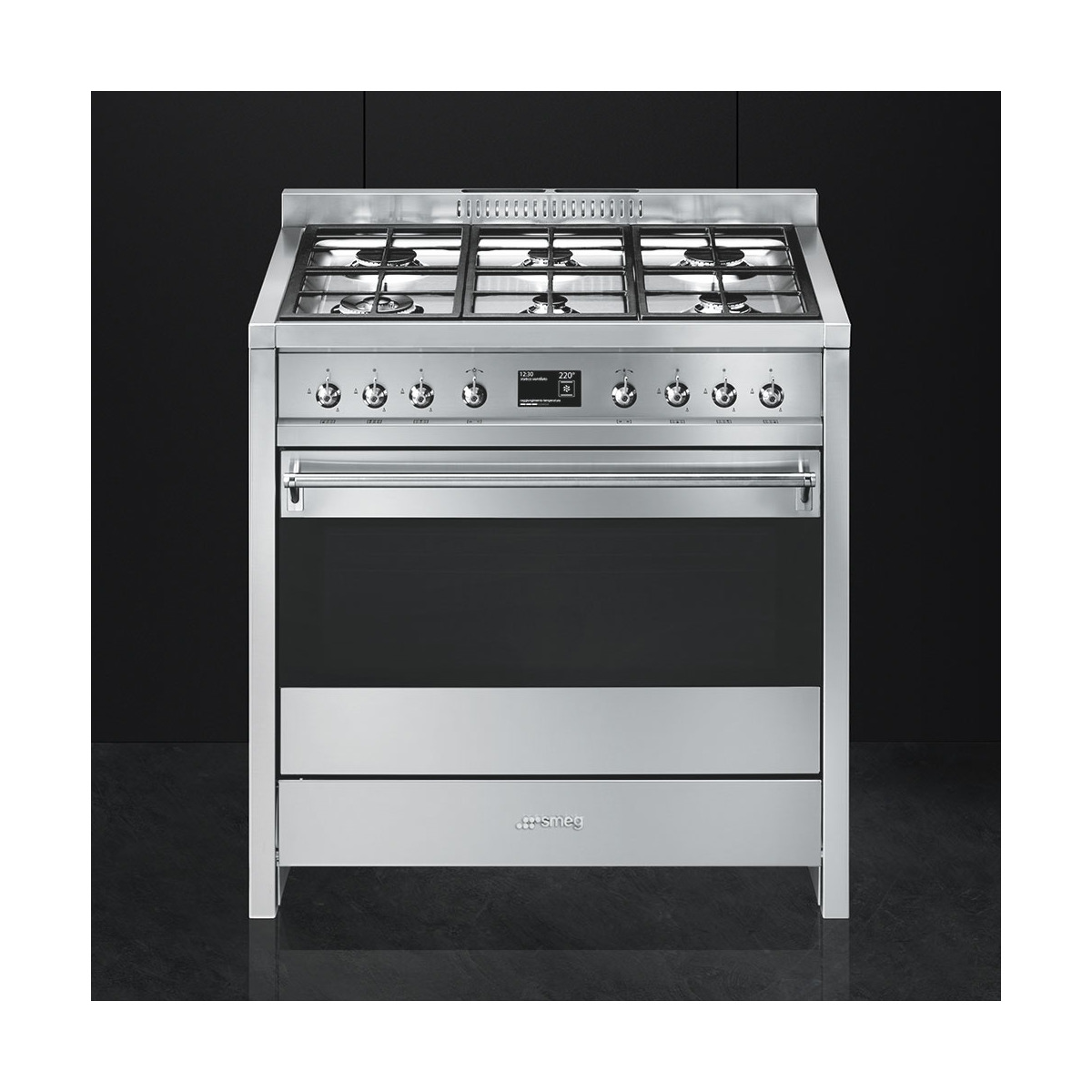 Cocina compacta Smeg 90 cm, placa de gas 6 quemadores, horno y cajón - A1-9 Acero Inox-2