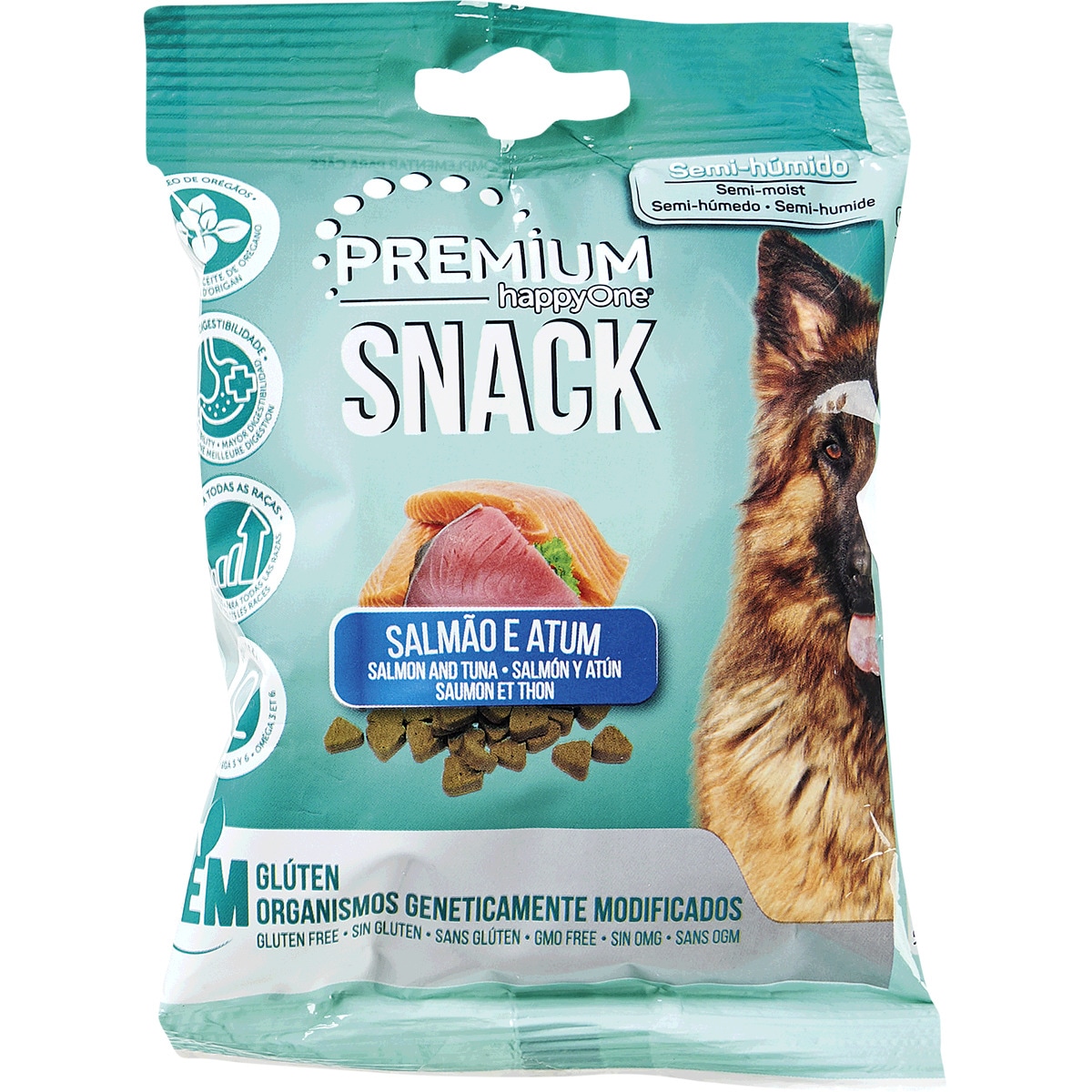 Snack para Cão Semi-Húmido de Salmão e Atum sem Glúten embalagem 100 g