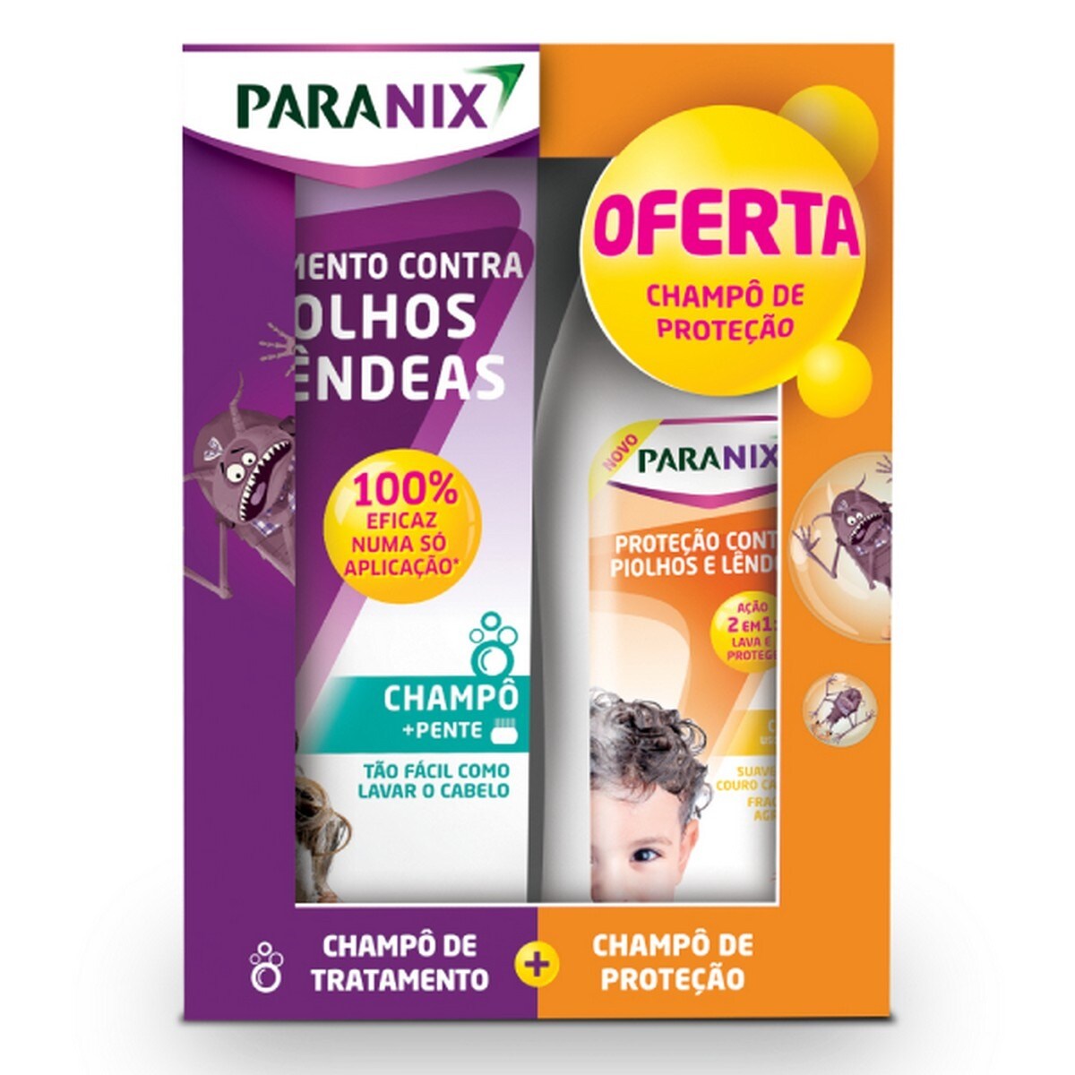 Kit Champô Tratamento + Champô Proteção Piolho/Lêndeas + Pente 2x200ml Paranix 1