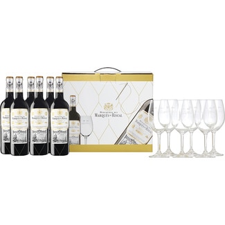 vino tinto reserva DOCa Rioja caja 6 botellas 75 cl + 6 copas - Marques De Riscal