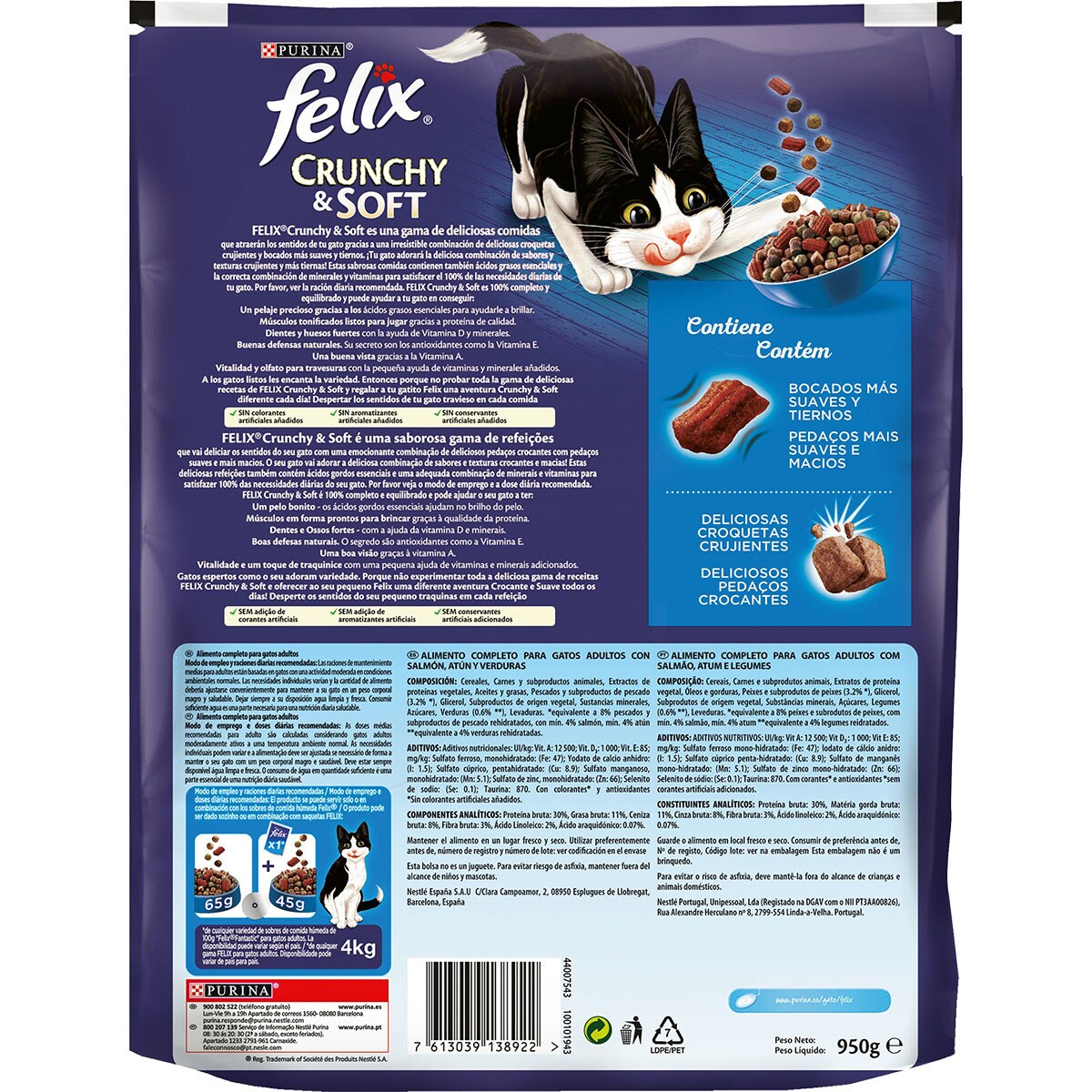 Crunchy & Soft cat food with salmon, tuna and vegetables container 950