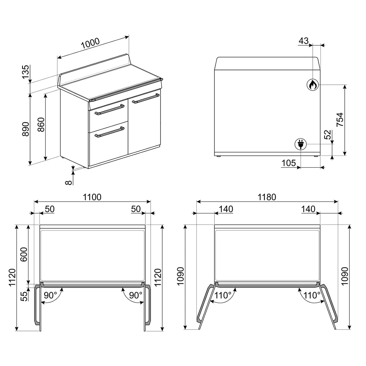 Cocina compacta  Smeg 100 cm, placa de gas 6 quemadores y 3 cavidades de horno - TR103GR Gris-2