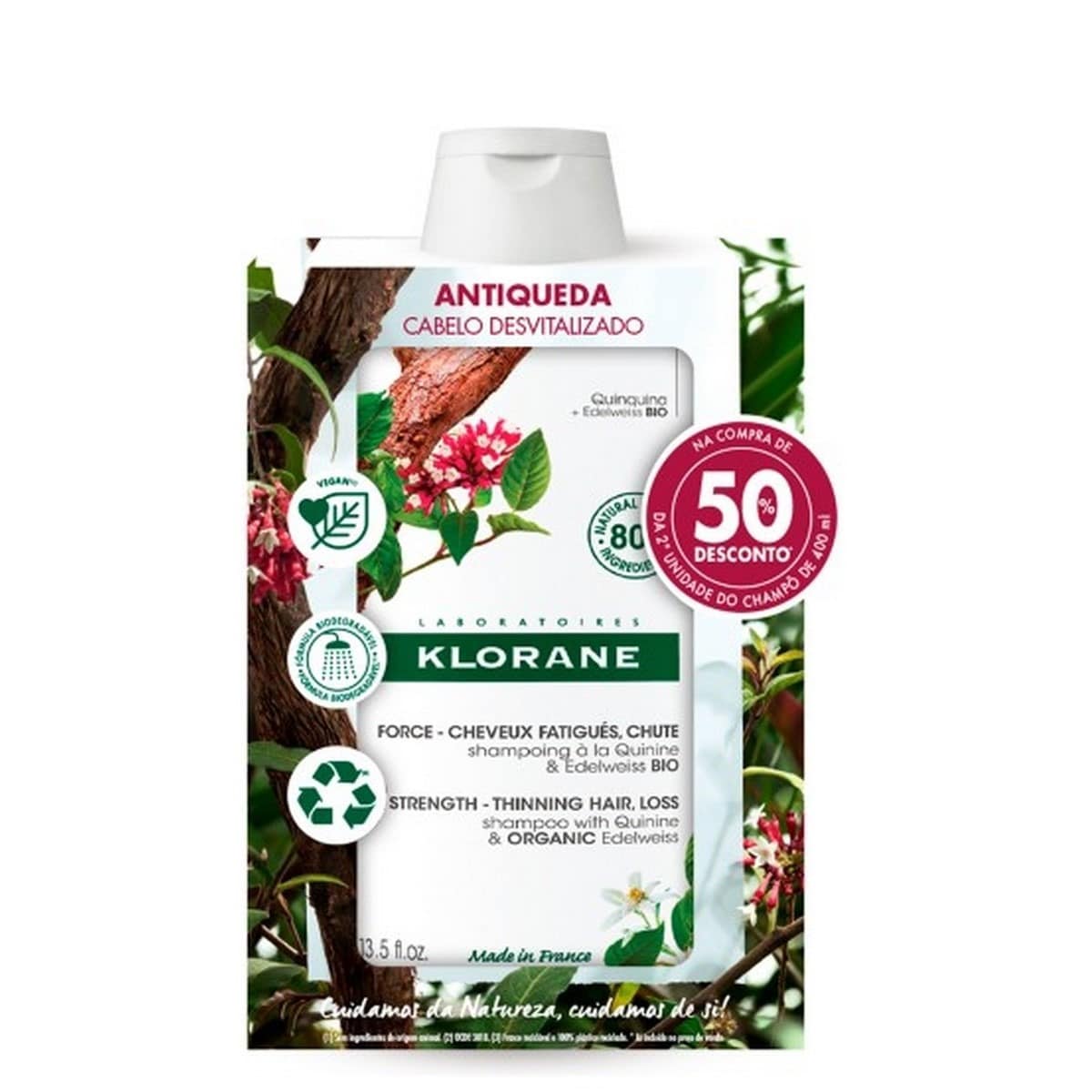 Duo Champô Quinina Bio 50% 2ª Embalagem 2X400ml Klorane 1