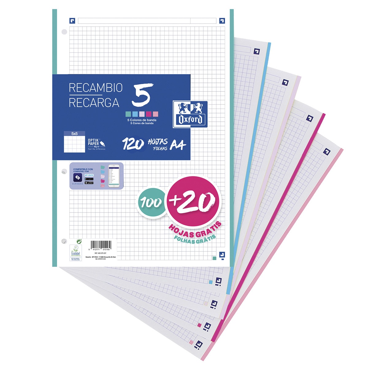 Recambio 100+20 Hojas Paquete A4 5X5 Oxford 5 Colores Banda Pastel - Promo Blanco-1