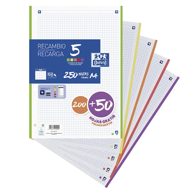 Imagen 0 de Recambio 200+50 Hojas Paquete A4 5X5 Oxford 5 Colores Banda Vivos - Promo