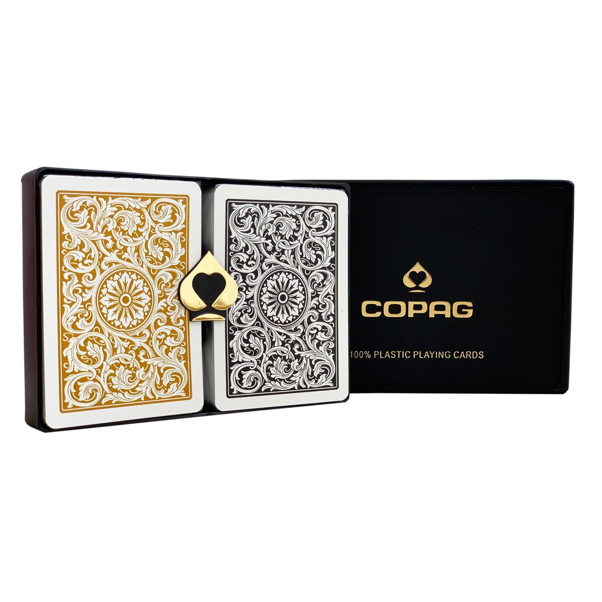 Set de Poker Copag Cartamundi 1546 con 2 Naipes 100 Plástico Dorado y