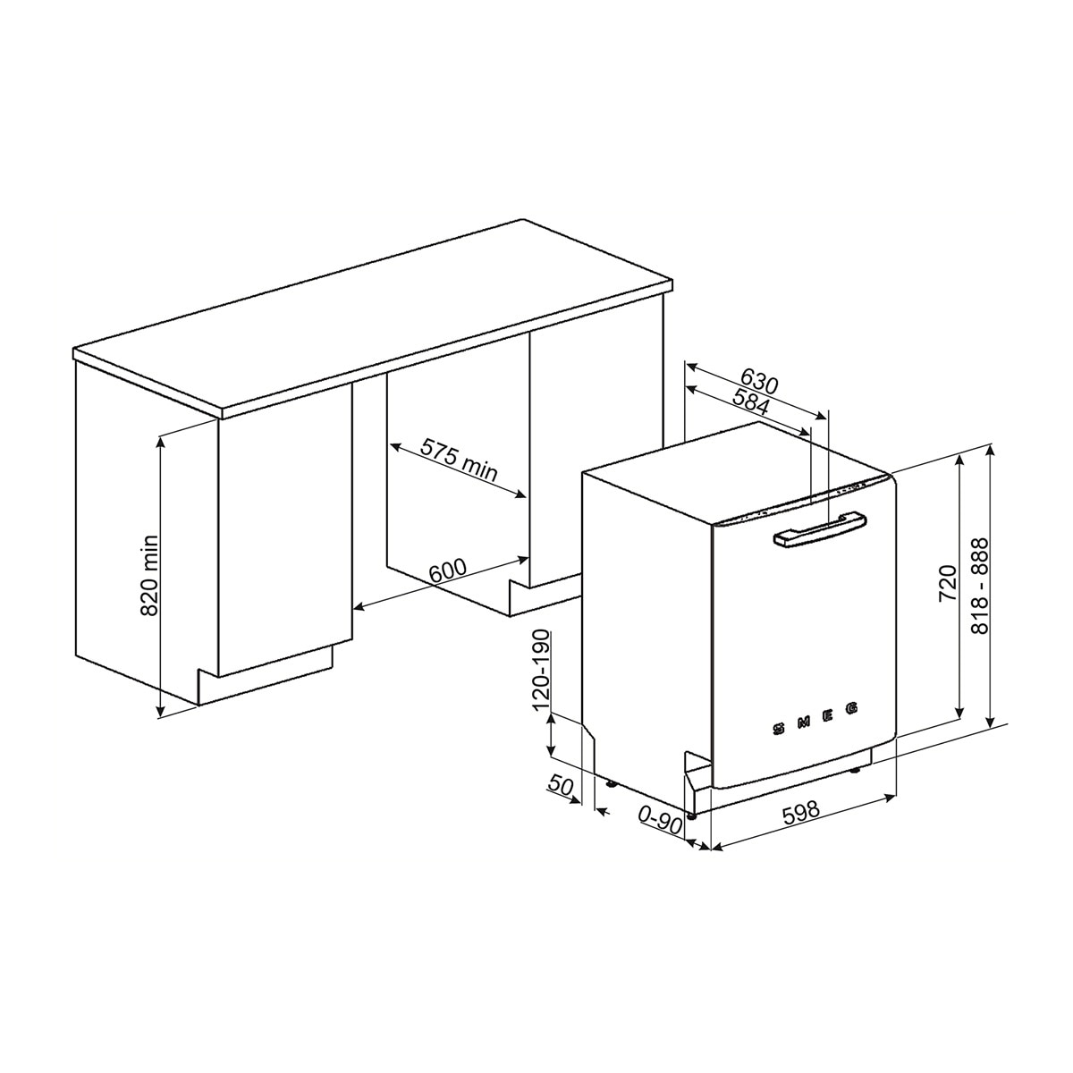 Máquina de Lavar Loiça Sob Bancada Smeg Anni 50 STFABWH3 Sistema de Lavagem Planetário, de 13 Talheres e de 60 cm - Branco Polido Branco-2