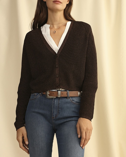 Imagen 0 de Chaqueta de punto de mujer con lurex y cuello pico