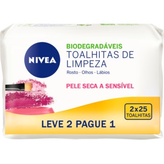 Toalhitas de Limpeza Refrescantes para Pele Sensível Leve 2 Pague 1 Visage embalagem 50 unidades - Nivea