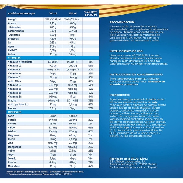 Nutrivigor Nahrungsergänzungsmittel für Erwachsene Pack 4x220 ml Vanillegeschmack mit HMB, Proteinen, Vitaminen und Mineralstoffen