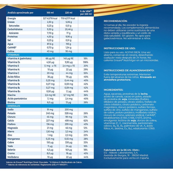Nutrivigor Nahrungsergänzungsmittel für Erwachsene Pack 4x220 ml Schokoladengeschmack mit HMB, Proteinen, Vitaminen und Mineralstoffen