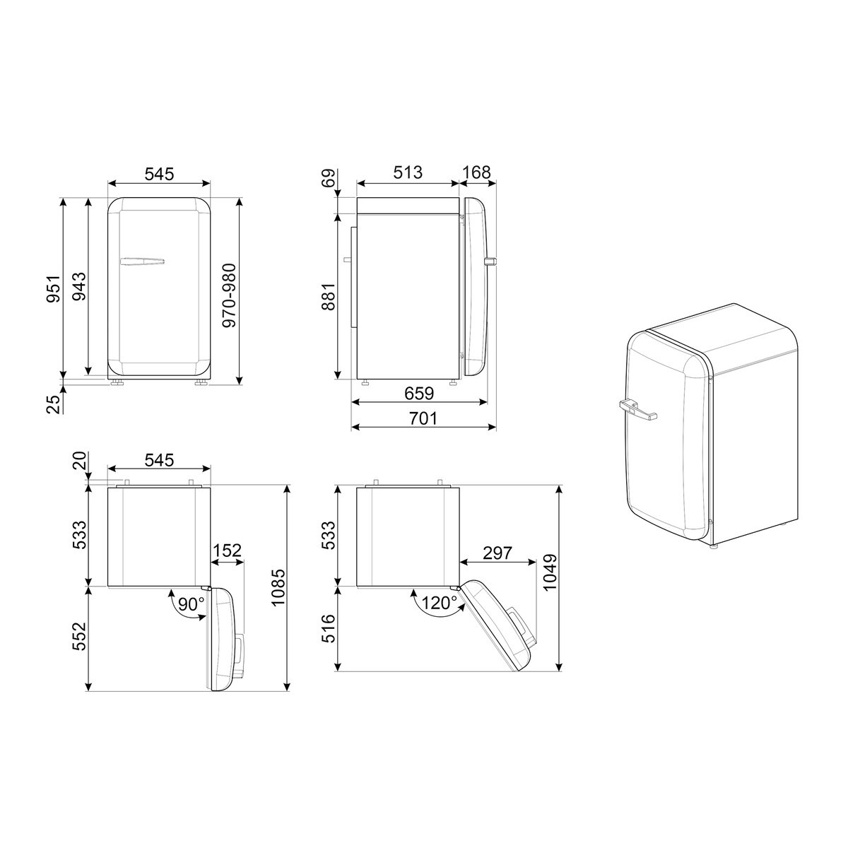 Recondicionado - Grade A - Frigorífico de 1 Porta Smeg Anni 50 FAB10RBL5 Estático com Dobradiças à Direita e de 97 cm - Preto Polido Preto-15