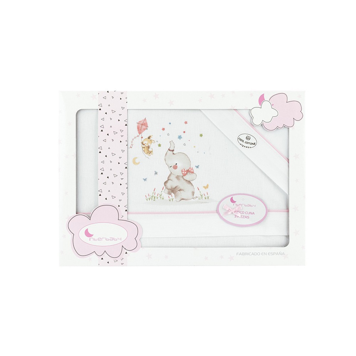 Juego de Sábanas 3 piezas para Minicuna (50 x 80 cm.) Interbaby Elefante blanco/rosa Blanco/Rosa-1