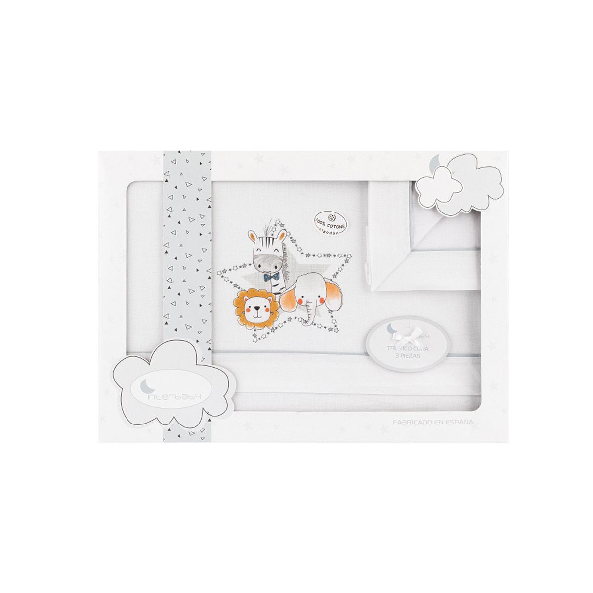 Juego de Sábanas 3 piezas para Minicuna (50 x 80 cm.) Interbaby Animalitos blanco/gris Blanco / Gris-1