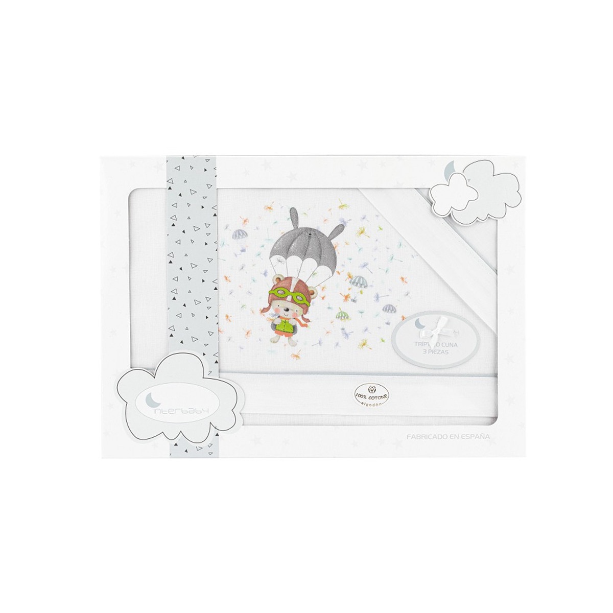 Juego de Sábanas 3 piezas para Cuna (60 x 120 cm.) Interbaby Oso Paracaídas blanco/gris Blanco / Gris-1