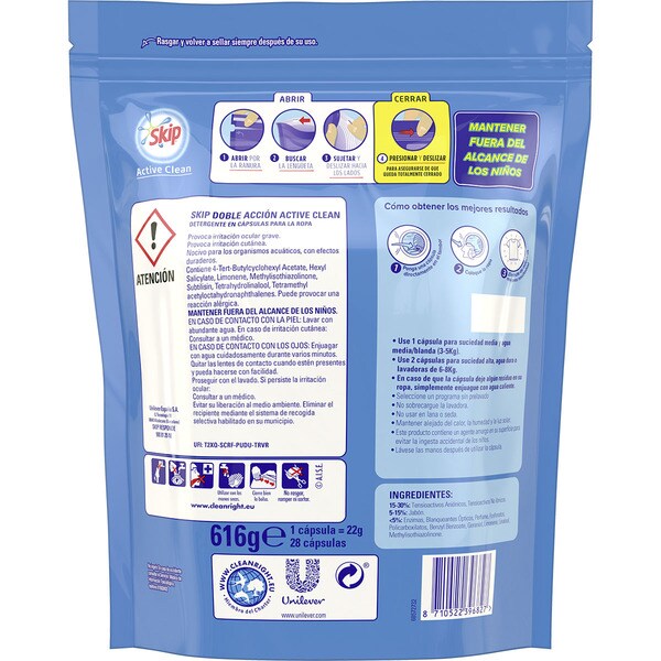 Active Clean washing machine liquid detergent bag 28 capsules · SKIP